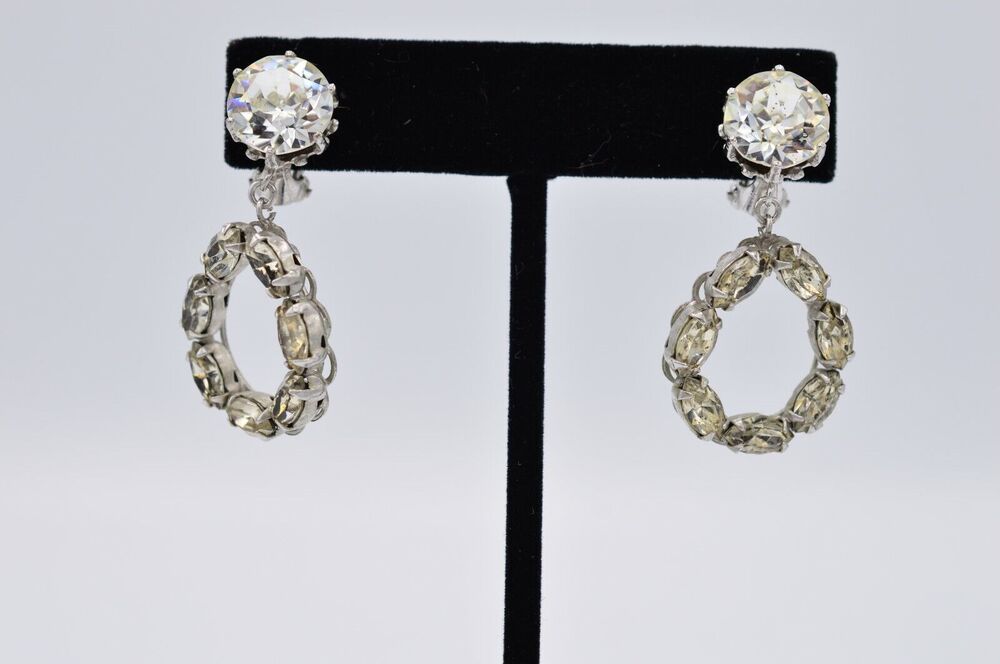 Vintage Crystal Earrings Dangle Prong Rhinestone Silver Tone Shiny 1980s BinAB